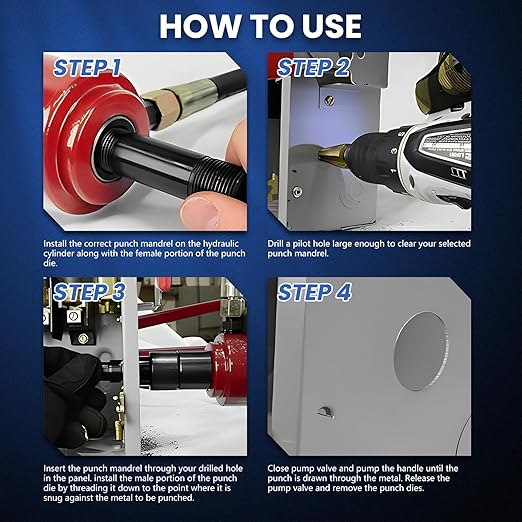 Hydraulic Knockout Punch Set (1/2" to 2") - Electrical Conduit & Metal Sheet Hole Cutter Kit, 8 Ton, Alloy Steel