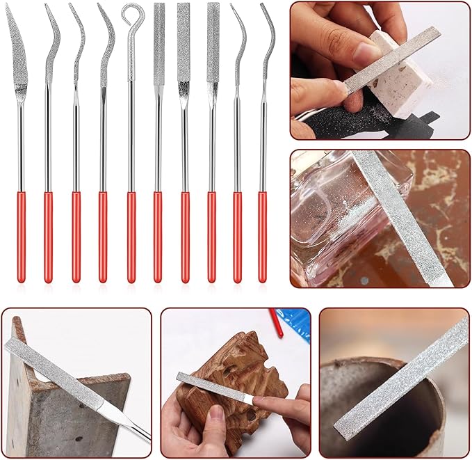 KALIONE 10Pcs Small File Set Diamond Needle File Set, Curved Files Tool, Mini Metal File Diamond File, Miniature and Model Files, File Jewelry Stone Carving Tools(140mm/5.5inch)