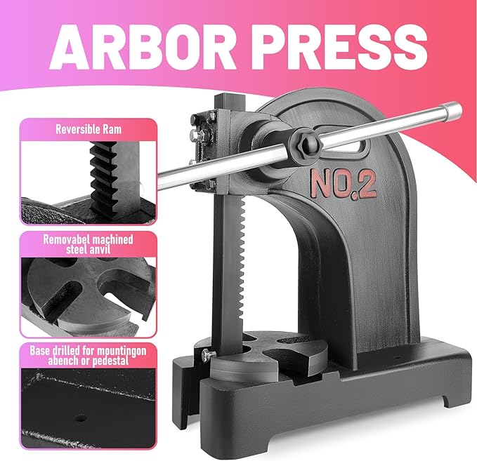 Heavy Duty 2 Ton Arbor Press, Manual Arbor Press, 8.5" Maximum Height, Cast Iron Desktop Press for Bending, Stamping, Forming, Stretching (2 Ton Black)