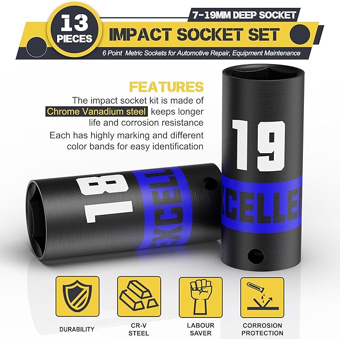 13 Pieces 3/8-Inch Drive Impact Socket Set, 7-19mm Deep Socket, 6 Point Metric Sockets for Automotive Repair, Equipment Maintenance