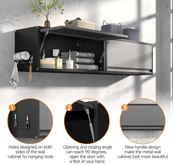 Coolsun Metal Wall Cabinet, Garage Wall Cabinet with Up-Flip Door, 31.5" W Wall Mounted Metal Storage Cabinet for Kitchen,Garage,Basement,Ware House Assembly Required (Black Gray)
