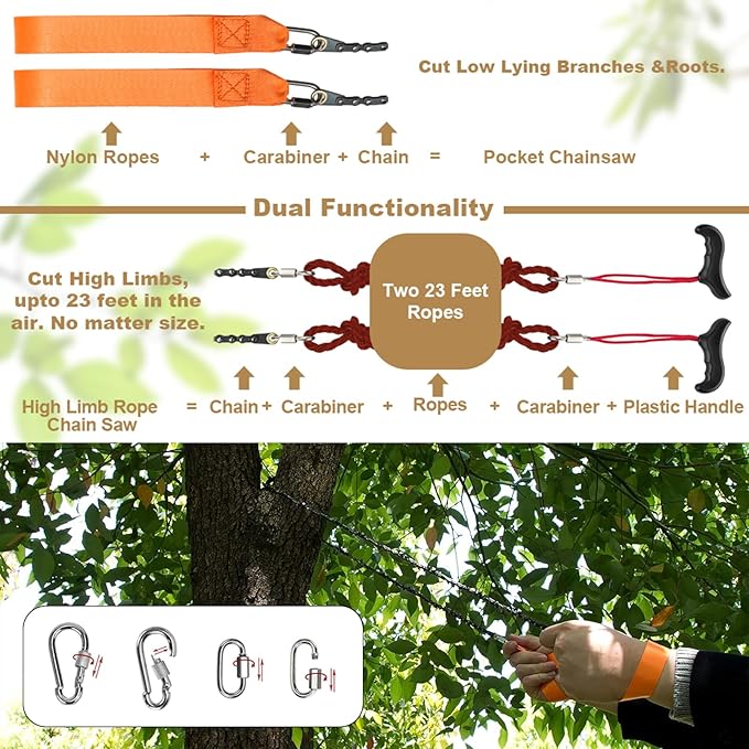 55 Inch High Reach Hand Rope Saw for Tree Limbs with 70 Sharp Teeth Blades on Both Sides,Rope Saw Tree Saw High Limb Rope Chainsaw, Pocket Chainsaw