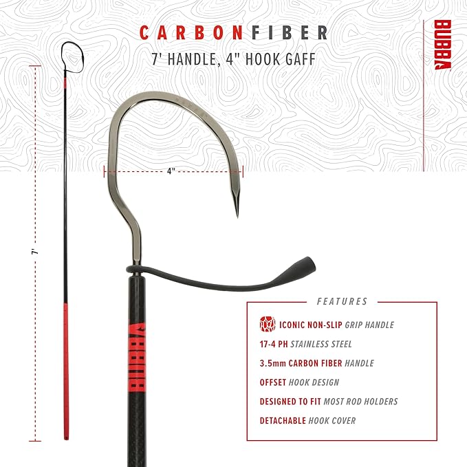 BUBBA 7 Foot Gaff with 4 Inch Stainless Steel Offset Hook, Non-Slip Grip Handles and Carbon Fiber Shaft for Fishing, Boating and Outdoors