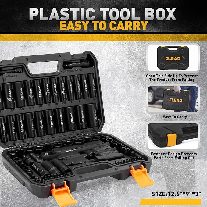 ELEAD 3/8" Drive Impact Socket Set, 96-Piece Deep & Shallow Socket Set Metric and Standard Full with Adapters, Ratchet Handle, Universal Joint, Extension Bar, Screwdriver Bit Sets, Spark Plug Sockets