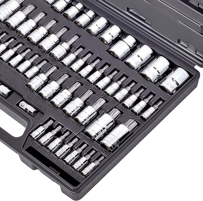 CARBYNE 62-Piece Master Torx Bit Socket Set & External (eTorx) Socket Set, Includes T6 - T70, TT6 - TT70, TP8 - TP60, E4 - E24| S2 Steel Bits, Cr-V Sockets, Durable Case | 1/4, 3/8, & 1/2 in. Drive