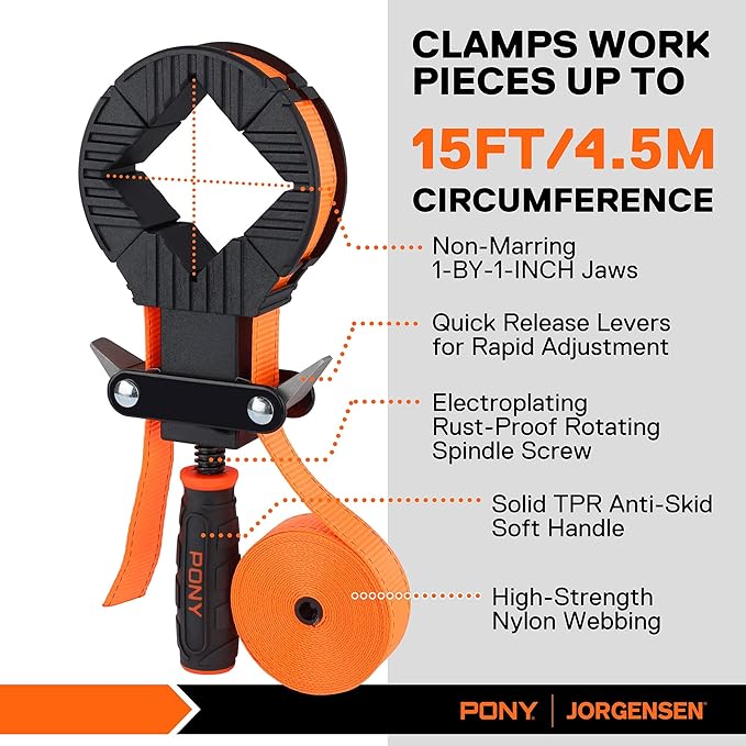PONY 5-in-1 Strap Clamp with 4-Pack 6-2/7" Spring Clamps, Woodworking Frame Clamping Strap Holder, Rapid Acting Band Clamp