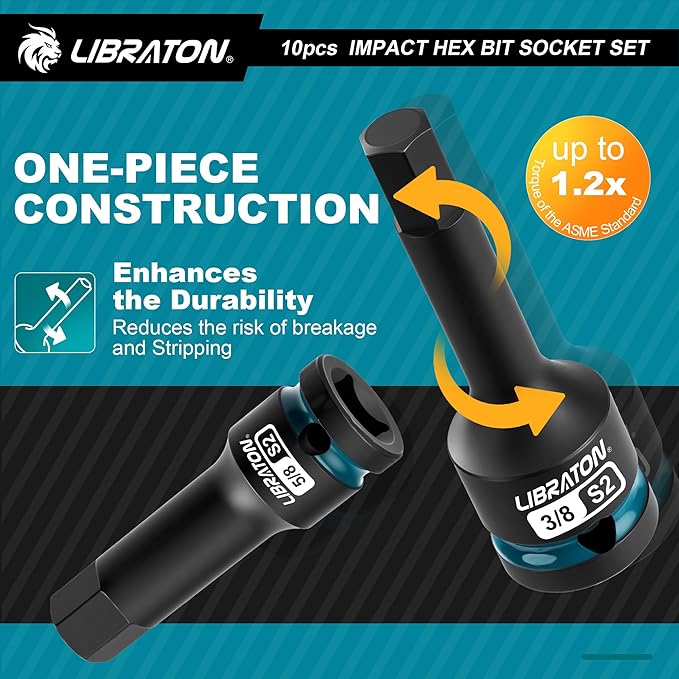 LIBRATON Impact Hex Bit Socket Set, 1/2" Dr, S2 Steel, 10PCS High Torque Sockets (SAE 1/4"-3/4") for Professional Mechanics & Automotive Repair (XPE Storage Case)