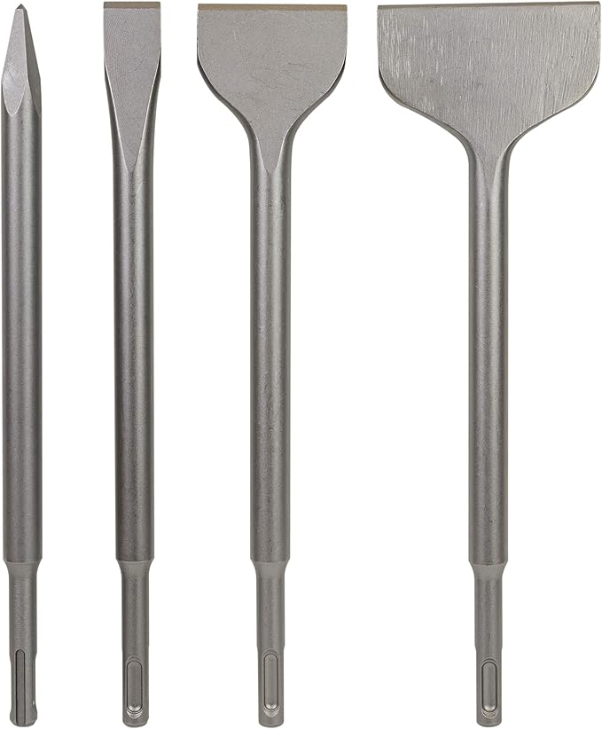 SDS Plus 4-Piece Chisel Set, Thinset Scraping Bit 3??x 10??Thinset Scaling Chisel, Point Chisel, Flat Chisel, Wide Chisel - SDS Chisel Bits for Hammer Drills ??Tile Removal