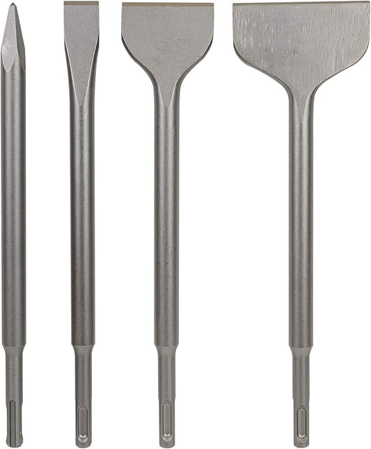 SDS Plus 4-Piece Chisel Set, Thinset Scraping Bit 3??x 10??Thinset Scaling Chisel, Point Chisel, Flat Chisel, Wide Chisel - SDS Chisel Bits for Hammer Drills ??Tile Removal