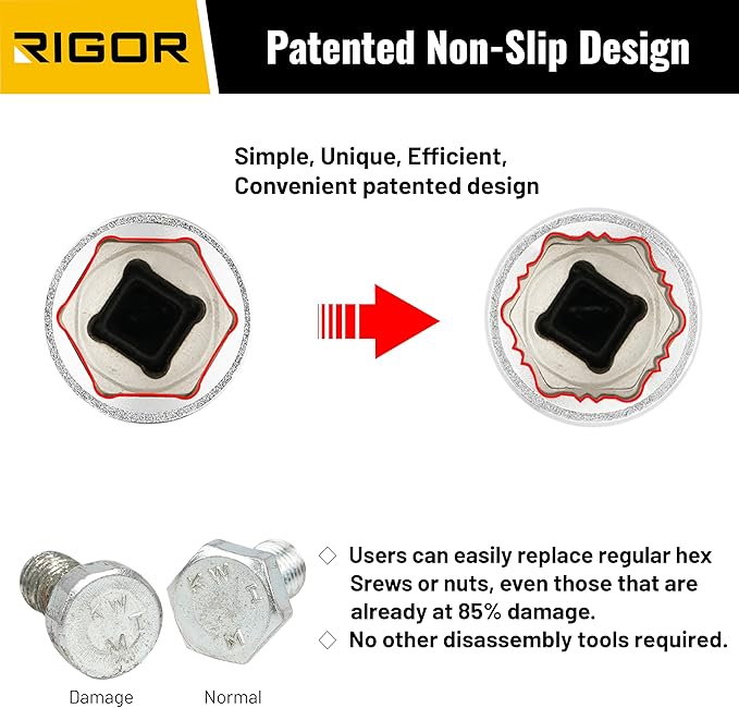 RIGOR 27015 Max-Grip Non-Slip Standard Socket Set, 11-Piece | Anti-Slip Chrome Vanadium Sockets | 1/4-Inch Drive, 6 Point, SAE | Include Durable Plastic Socket Rail.
