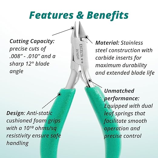 Excelta 2876EHT Small Taper Head Semi-Flush Hard Wire Cutter, Stainless Steel and Carbide Inserts, Corrosion Resistant, Cushioned Anti-Static Grips, 4.25 Inch Overall Length, Intermediate