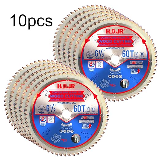 10-Pack 6-1/2" 60-Tooth 5/8" Arbor Woodworking Circular Saw Blade,Ultra Finish/General Purpose,Special Anti-Thermal Adhesion Coating on Cutting Edge-TA,High Finish, Long Life,6-1/2" 60T 5/8"
