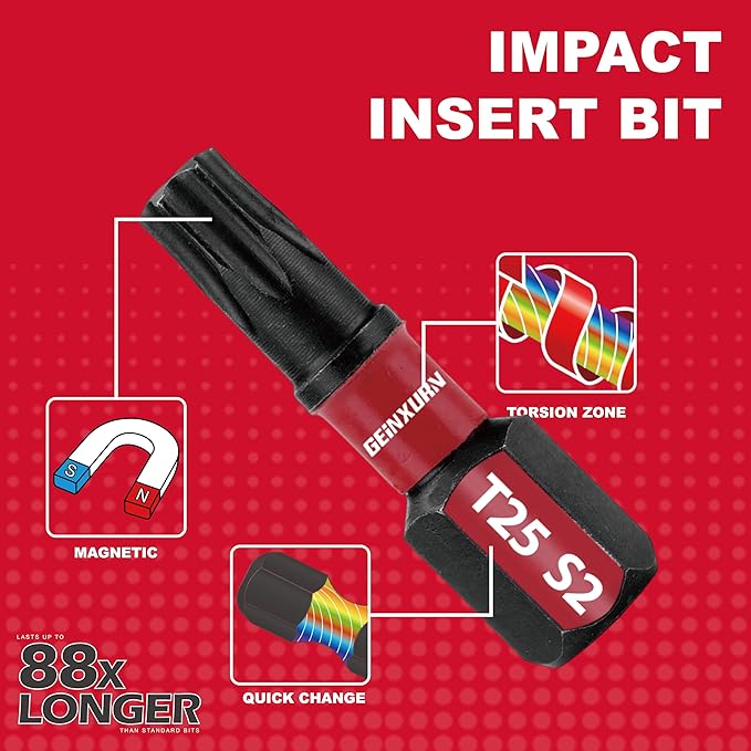 15Pieces T25 1 In. Insert Driver Bits, Impact Tough Magnetic #25 Torx Head Power Bits, S2 Alloy Steel T25 Screwdriver Bits Set with 1Pcs Impact Bit Holder, GT25025-051