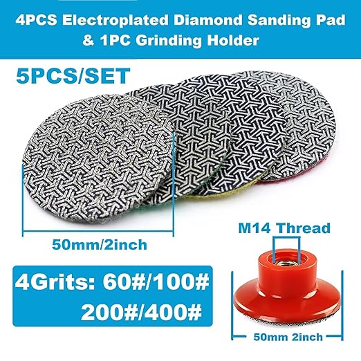 2inch 50mm Electroplated Diamond Sanding Pad, 60/100/200/4000Grit Grinding Sandpaper Pad & M14 Thread Hook and Loop Backing Holder for Detail Fine Buffing Polishing Trimming (5Pcs/Set)