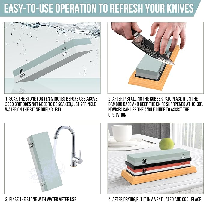Complete Knife Sharpening Stone Kit - Goodjob Premium Whetstone Knife Sharpener Stone - Dual Grit 400/1000 3000/8000 Wet Stone Sharpening Kit with Cut Resistant Gloves, Honing Guide, Bamboo Base