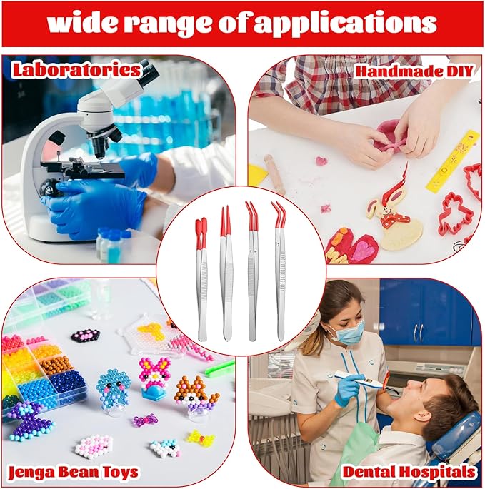 4 Pcs Tweezers with Rubber Tips Rubber Long Bent and Straight Flat Tip Long Bent Tweezer PVC Coated Precision Tweezers for Stamps Coins Jewelry Crafts Industrial Electronic Lab