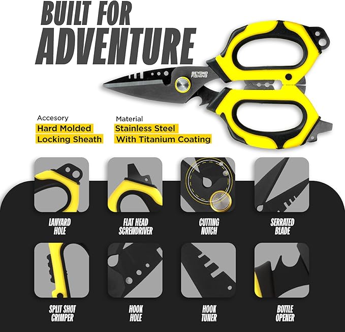 Beyond Fishing OmniPro Shears ??6.5??Multi-Function Fishing Scissors with Titanium-Coated Blades ??Cuts Braided Line, Monofilament, Fluorocarbon & Steel Wire ??Fishing Tool with Sheath