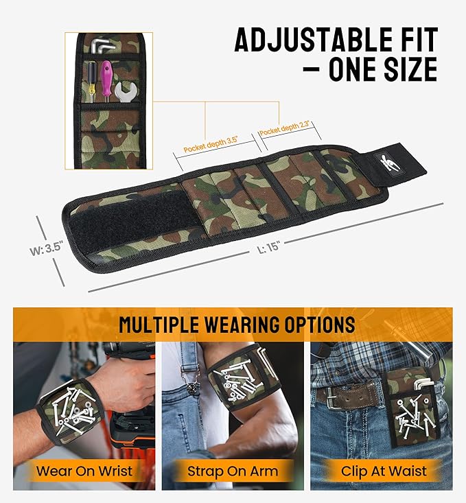 HiRui Magnetic Wristband for Tools ??Ultra-Strong 15 Neodymium Magnets Hold Screws, Nails & Bits, Dual Pockets ??Hands?멑ree for DIY, Home Repairs, Auto ??Gift?멢eady for Dad, Husband, Grandpa (CAMO)