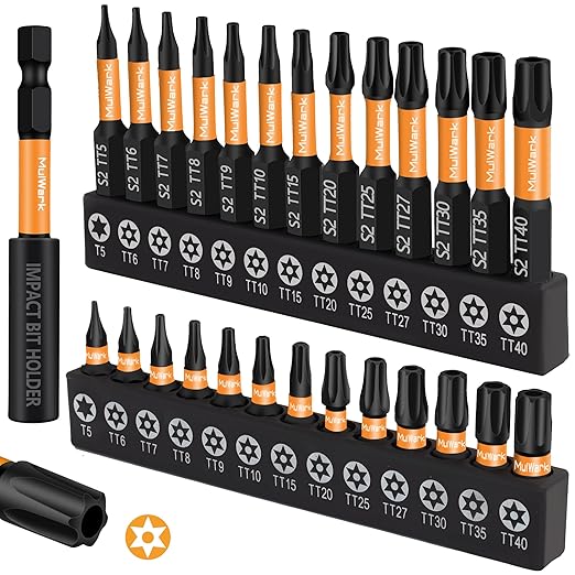 MulWark Torx Security Bit Set, 27 Pieces (T5?밫T40) ??Precision Tamper-Proof Star Bits with Smooth Edges, 1/4" Hex Shank, and Magnetic Holder ??Christmas Gift for DIY & Repair Projects