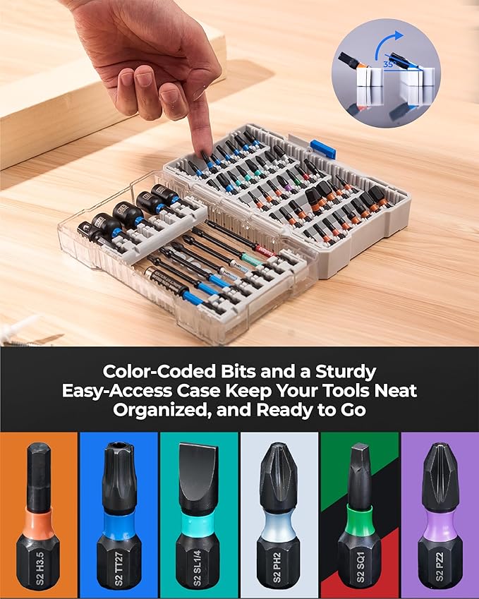 toolant Impact Driver Bit Set - The Gift For Familiy: 52-Piece S2 Steel Screwdriver Bit Set with Hex, Torx, Phillips, Slotted, Square Bits and Nut Driver in a Stylish Case