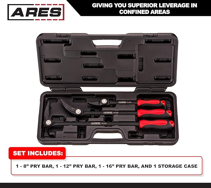 ARES 70184-3-Piece Indexable Pry Bar Set - 11-Position Adjustable Angle Pry Bars - High Strength Chrome Vanadium Steel - Includes 8-Inch, 12-Inch and 16-Inch Indexable Pry Bars