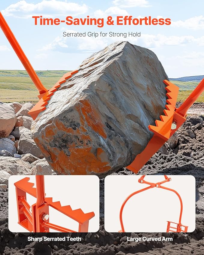 VEVOR 24in Stone Lifting Tongs, 2 Serrated Claw Rock Tongs, Heavy Duty Steel Log Tongs, 1100LBS Lifting Capacity, Rock Log Grapple, Easy Chain Hook up Tongs for Stone Blocks Boluder Marble