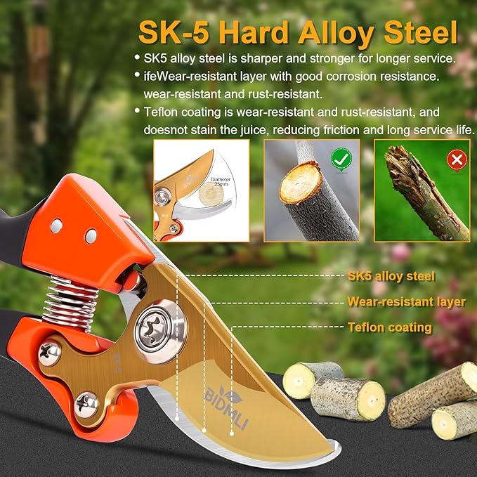 Heavy Duty Pruning Shears竊똆arden Scissors & Clippers with Red-BIDMLI 8.66" SK5 Steel Blades & Aluminum Alloy Handles, Tree Branch Cutter, Ideal for Thick Branches, Dry Twigs, Flower Pruning Tool.