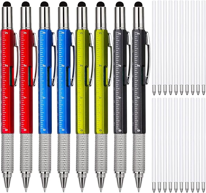 Zhanmai 8 Pcs Gift Pen for Men 6 in 1 Multitool Pen with Ruler Level Refills Screwdriver Stylus Christmas Stocking Stuffers Gift for Men Dad Husband Adults Birthday Present(Multiple colors)