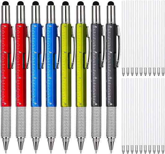 Zhanmai 8 Pcs Gift Pen for Men 6 in 1 Multitool Pen with Ruler Level Refills Screwdriver Stylus Christmas Stocking Stuffers Gift for Men Dad Husband Adults Birthday Present(Multiple colors)