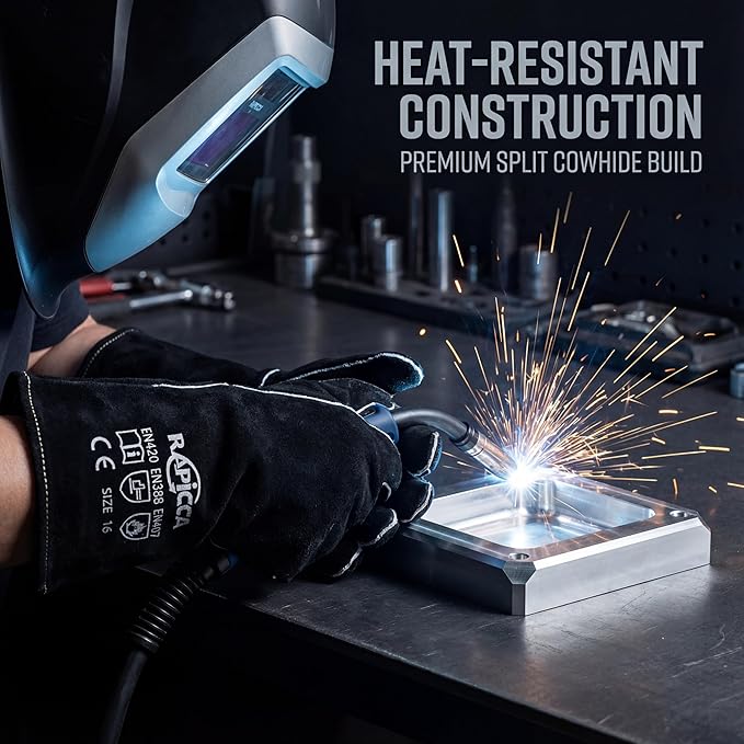 RAPICCA Welding Gloves 16IN Heat & Fire Resistant Leather for Stick MIG TIG Flux-Core Welder, Forge, Blacksmith, Fireplace, Wood Stove, Fire Pit, Furnace, Dry Ice Handling ??Black ??662째F Protection
