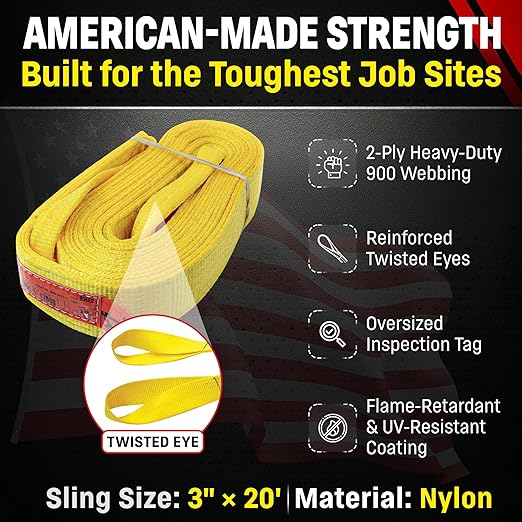 DD Sling 3 Inch x 20 Foot Nylon Lifting Sling – USA Made, 8,900 lb Vertical, 7,200 lb Choker, 17,800 lb Basket – 2-Ply Heavy Duty 900 Webbing, Type 4 Twisted Eye & Eye Rigging Sling