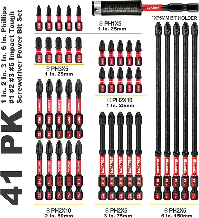 Impact Tough Mixed #1#2#3 Phillips D2 Steel Long Extension Insert Driver Bits, 41Pack 1/4 Inch Hex Shank Long Cross Magnetic PH1/PH2/PH3 Screwdriver Bits Set with 1Pcs Magnetic Bit Holder