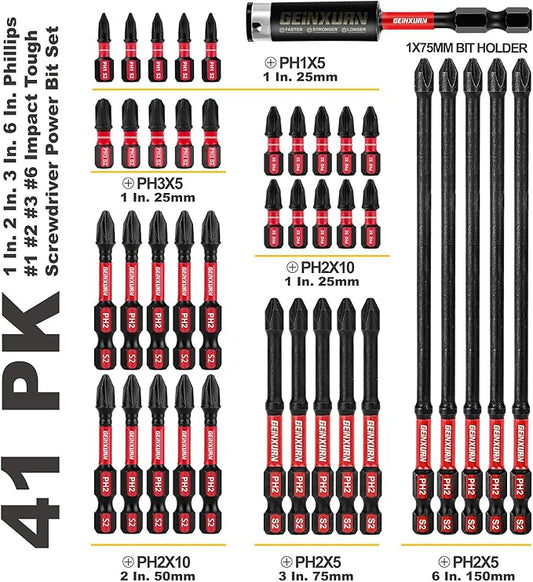 Impact Tough Mixed #1#2#3 Phillips D2 Steel Long Extension Insert Driver Bits, 41Pack 1/4 Inch Hex Shank Long Cross Magnetic PH1/PH2/PH3 Screwdriver Bits Set with 1Pcs Magnetic Bit Holder