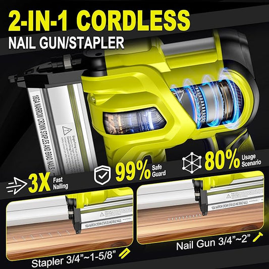 SILVEL 2" Cordless Brad Nailer, 2-in-1 21V Electric Brad Nailer Stapler with 2 * 4.0Ah Battery, 1000pcs Nails, 18GA Staples, Adjustable Depth for Woodworking, Home Improvement