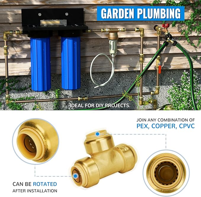 SUNGATOR 6-Pack Tee Plumbing Pipe Connector, 3/4-Inch Push Fit PEX Tee, No Lead Brass T Fittings with Disconnect Clip, Push-to-Connect, Copper, CPVC