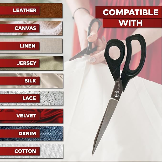 XFasten Sewing Scissors for Fabric Cutting Black 9.5 Inch Premium Professional Fabric Scissors Sewing | Large and Heavy duty