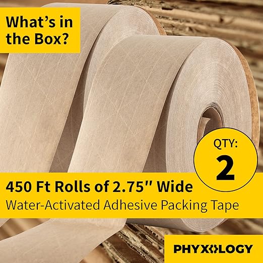 Ultra-Durable Water-Activated Tape for Secure Packing 2Pk. 2.75 in 450 Ft Brown Kraft Gum Tape Provides Heavy Duty Adhesive for Packaging and Shipping. Fiberglass Reinforced for Extra Strong Bond.