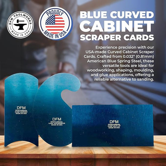 Blue Curved Cabinet Scraper Cards - Cabinet Scraper for Woodworking, Card Scraper Tool for Precision and Fine Finishes - Ideal Tool for Woodworking Projects - Made in USA (Set of 3)