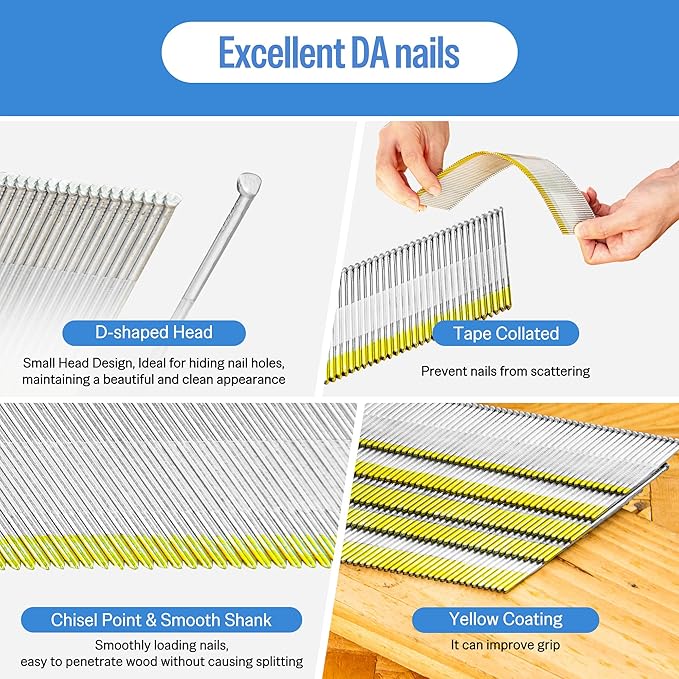 meite 15 Gauge 34 Degree Angled Finish Nails, 2 Inch Leg Galvanized No-Rust DA-Style Nails for Nailer Gun, Glue-Collated Trim for Baseboard Crown Cabinet Window Molding, 2 Boxes x 2,400PCS