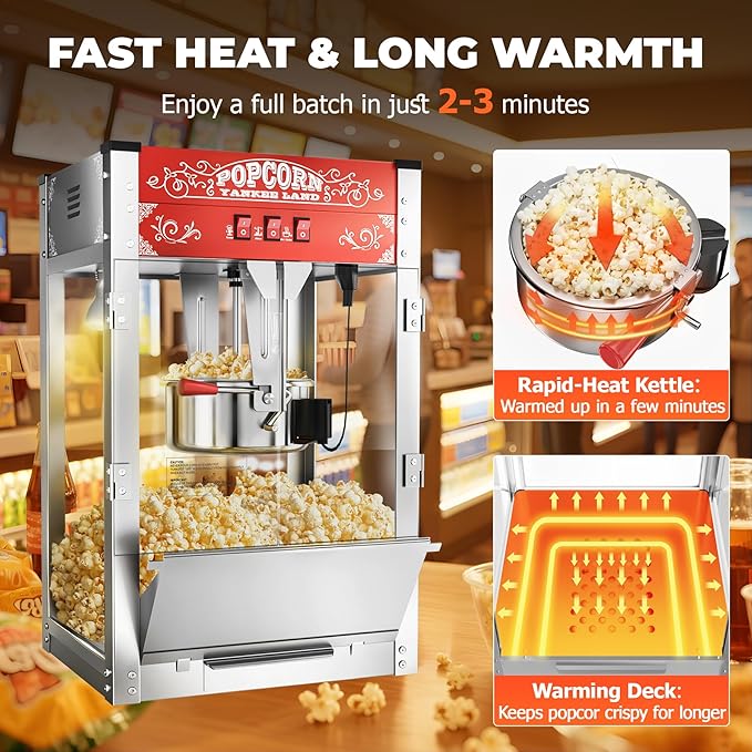 20 Oz Commercial Popcorn Machine, 1440 W, Movie Theater Popcorn Machine, Red Tabletop Pop corn Machine with 3-Switch Control & Steel Frame Tempered Glass Doors