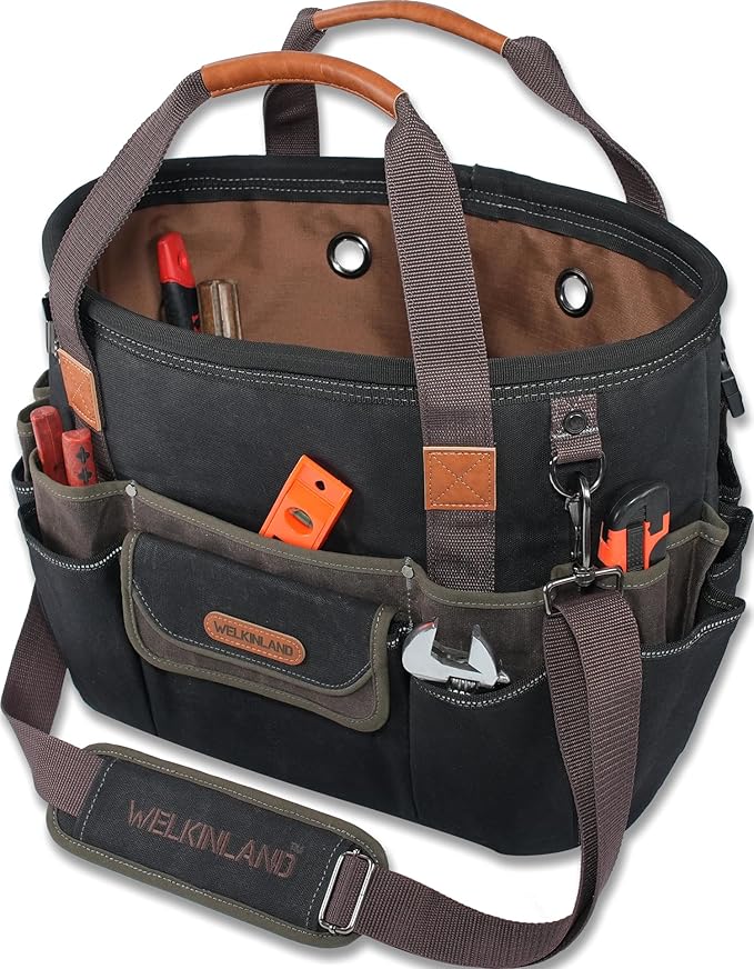 WELKINLAND 42-Pockets Electrician Tool Tote, 16-Inch Open Top Tool Tote, Heavy-Duty Electrician Tool Bag, Waxed-Canvas HVAC Service Bag, Easy-Access Bag For Tools, Stay-Up Tool Bags For Men