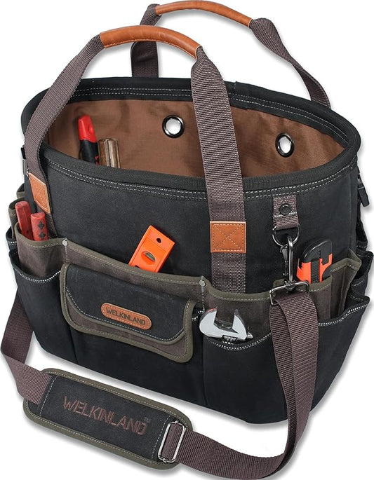 WELKINLAND 42-Pockets Electrician Tool Tote, 16-Inch Open Top Tool Tote, Heavy-Duty Electrician Tool Bag, Waxed-Canvas HVAC Service Bag, Easy-Access Bag For Tools, Stay-Up Tool Bags For Men