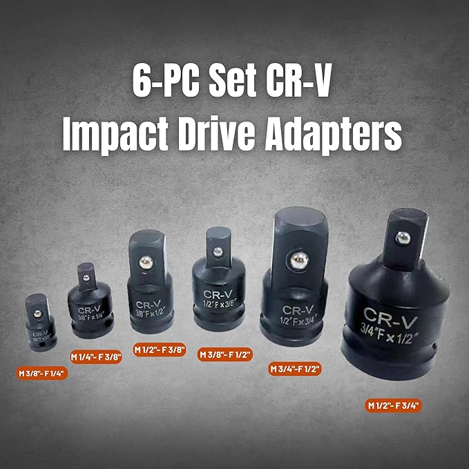 6-Piece Impact Socket Adapter and Reducer Set, Heavy-Duty CR-V Steel竊?/2" 3/8" 1/4" Drive Set竊똅or Impact Wrench & Ratchets Mechanic Tools with Storage Case(6 Pcs)