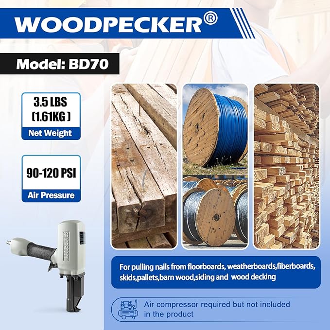 WOODPECKER BD70 Pneumatic Nail Puller Nail Remover Tool, Heavy Duty Air Denailer Gun for Recycling Wood and Pallets
