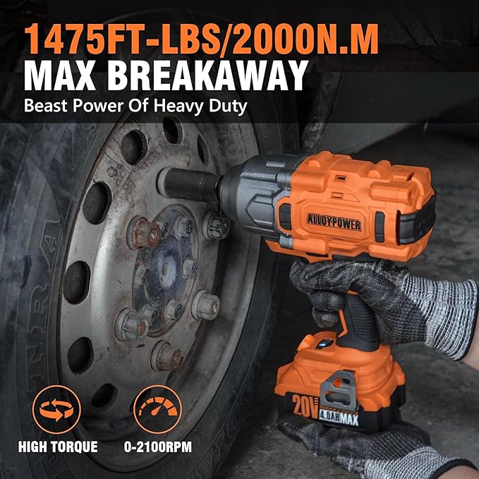 ALLOYPOWER Cordless Brushless Impact Wrench, 1475 ft-lbs (2000N.m), 1/2 High Torque power impact gun, 3-Mode Speed, 4000mAh Battery, 3 Sockets, Electric Impact Wrench Set for Car Tire Truck RV Mower