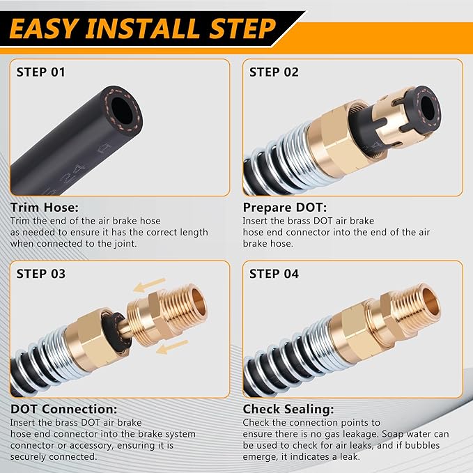 Air Brake Fittings, Dazakoot Brass DOT 3/8??Hose x 3/8??Male Air Hose End Connector with Spring Guard, Air Brake Hose Fittings Repair Kit, 8 Pack Air Brake Hose Fittings & 8 Pack 3/8??Sleeve Tubes