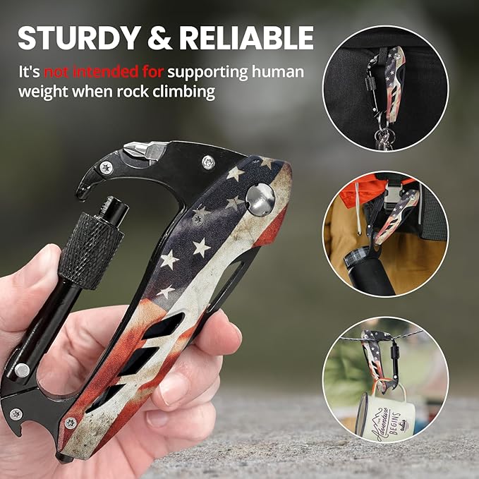Multitool Carabiner Knife Tools for Men, Cool Gadgets Survival Gear with Folding Knives, Bottle Opener, Window Breaker and Screwdriver for Hiking Camping, 7-in-1 EDC Multi Tool (USA Flag)