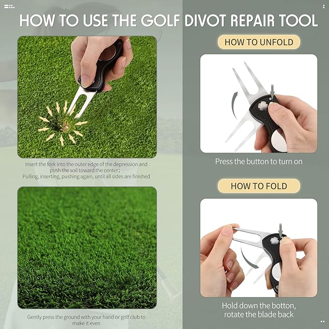 6 Packs Golf Repair Tool Stainless Steel Foldable Golf Divot Tool Magnetic Button Ball Marker