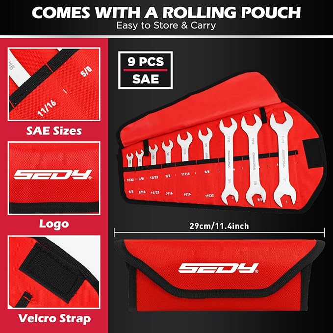 9-Piece Super Thin Open-End Wrench Set, SAE 1/4"-1-1/16", 3mm Thickness Slim Wrench Set for Tight Spaces, Nickel Plated Flat Wrenches with Rolling Storage Pouch