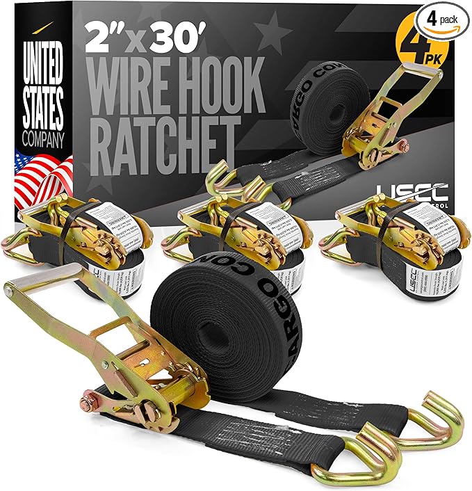 US Cargo Control Wire Hook Ratchet Straps 2 Inch x 30 Foot (4-Pack), 10,000 LBS Break Strength, Ratchet Straps Heavy Duty with Double J Hooks, Black Cargo Tie Downs for Flatbed Trailers and Trucks